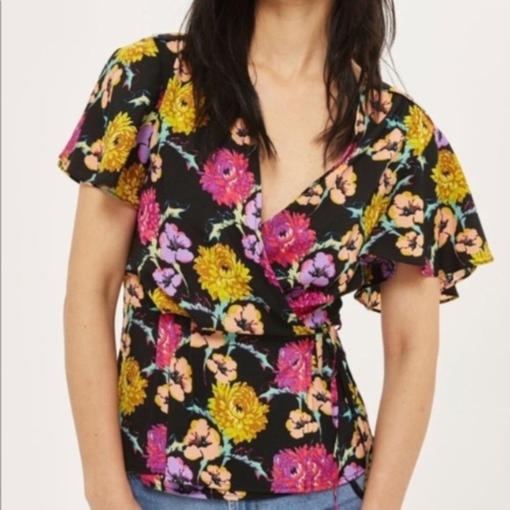 Topshop Floral Wrap Flounce Sleeve Blouse Size 4
